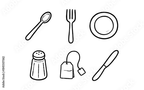 Simple line art icons of dining and tea items on a white background