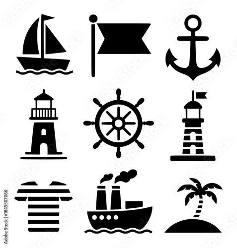 Nautical Icons Sailboat, Anchor, Lighthouse, Ship, Palm Tree, and More