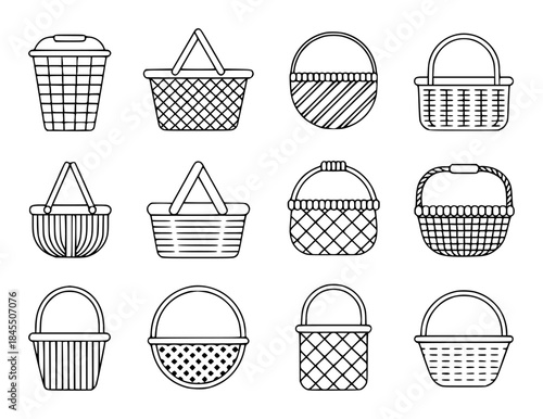 Collection of Various Woven Basket Icons in Outline Style