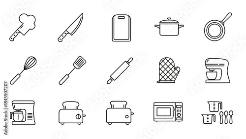 Minimalistic kitchen utensils and appliances line art vector illustrations