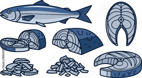 Collection of stylized blue and white illustrations depicting whole fish cuts steaks and small pieces ready for cooking preparation