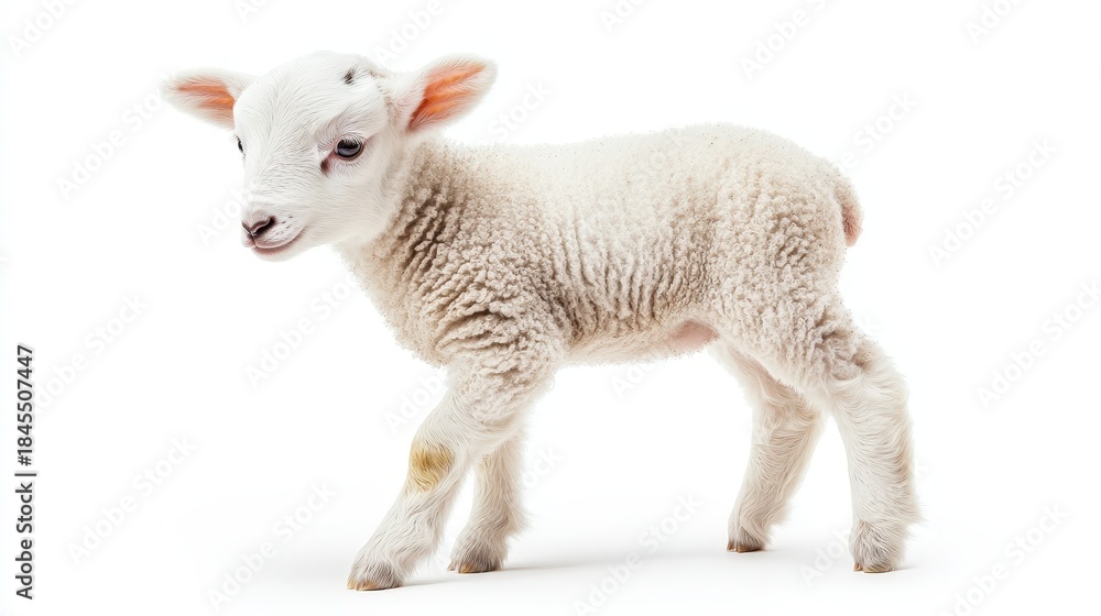 Fototapeta premium Adorable young lamb with white wool standing on isolated white background
