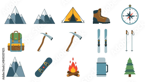 Outdoor adventure icons mountains tent boots compass and equipment