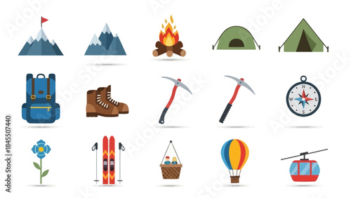 Outdoor adventure icons depicting mountains equipment and camping elements