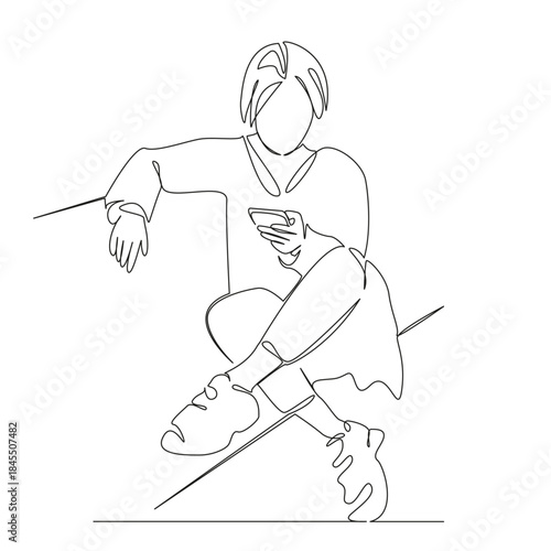 One continuous single drawing line art flat doodle person, phone, woman, female, mobile phone, adult, girl, mobile. Isolated image hand draw contour on a white background, hand drawn, not AI
