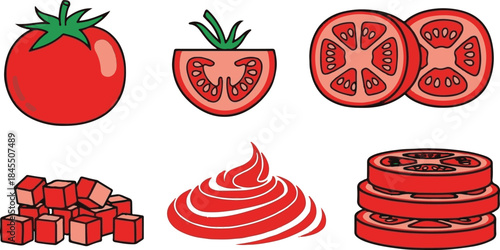 Collection of stylized red tomato illustrations showing whole sliced diced pureed and processed forms against a black background