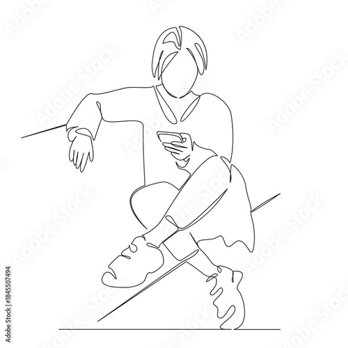 One continuous single drawing line art flat doodle person, phone, woman, female, mobile phone, adult, girl, mobile. Isolated image hand draw contour on a white background, hand drawn, not AI