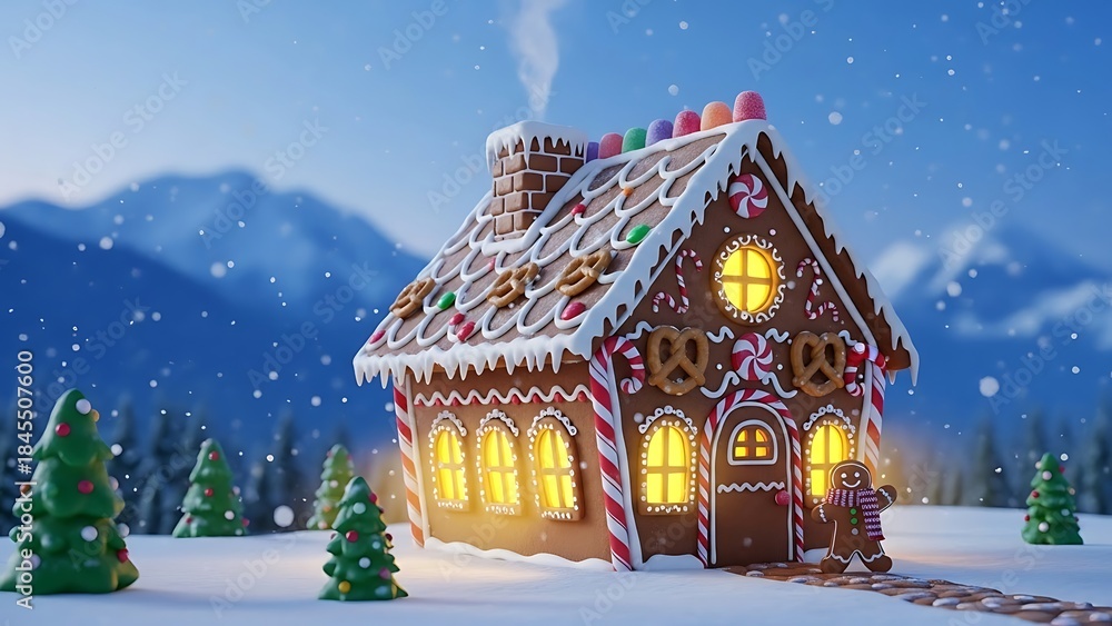 Fototapeta premium Cozy Illuminated Gingerbread House in Winter Wonderland with Snow Covered Trees 