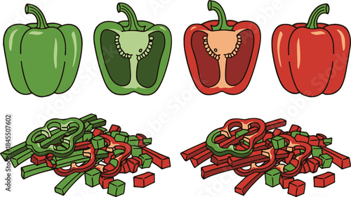 Detailed illustration showing whole and sliced green and red bell peppers alongside piles of chopped vegetable pieces for cooking preparation