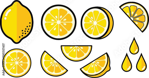 Bright yellow lemon fruit icons showing whole slices wedges and juice drops isolated on a solid black background for graphic design