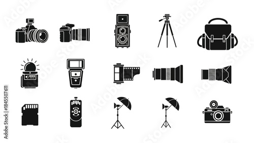 Photography equipment collection camera lens tripod flash and accessories