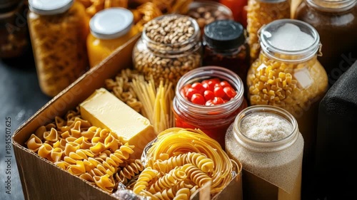 Donation box filled with non perishable groceries such as pasta, cereals, legumes, and canned goods is placed on a dark table, symbolizing support and solidarity for those in need