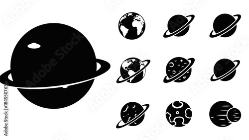 Planetary icons black and white graphic illustrations of celestial bodies