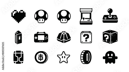 Pixelated game icons heart mushrooms arcade controller and more