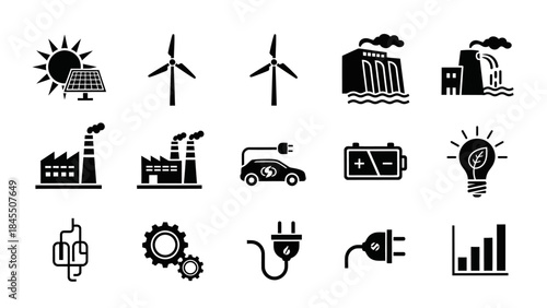 Renewable energy icons set solar wind hydro and eco friendly power