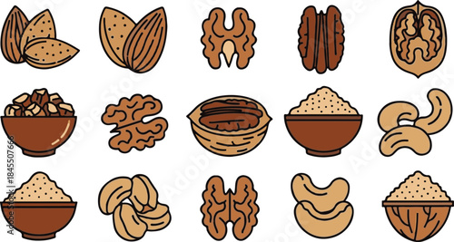 Collection of stylized brown and beige line art icons representing various healthy nuts like almonds walnuts and cashews on black background