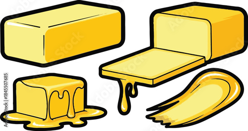 Collection of stylized yellow butter illustrations showing various forms like sticks pats and melting dairy product on black