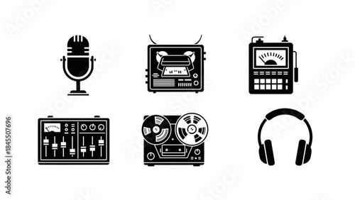 Retro audio equipment illustrations microphone recorder and headphones