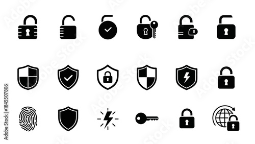 Security icons collection various lock and shield symbols isolated on white