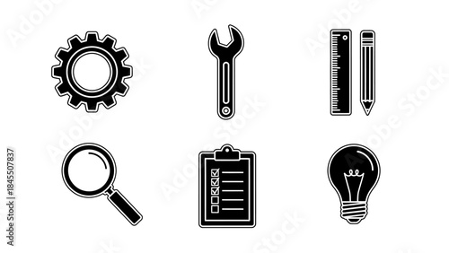 Set of black and white icons gear wrench ruler magnifying glass checklist