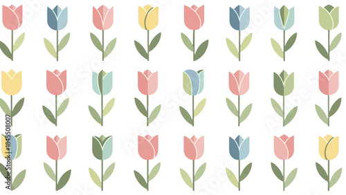 Watercolor Pastel Tulips Seamless Pattern on Isolated White Background, Gentle Spring Floral Decoration