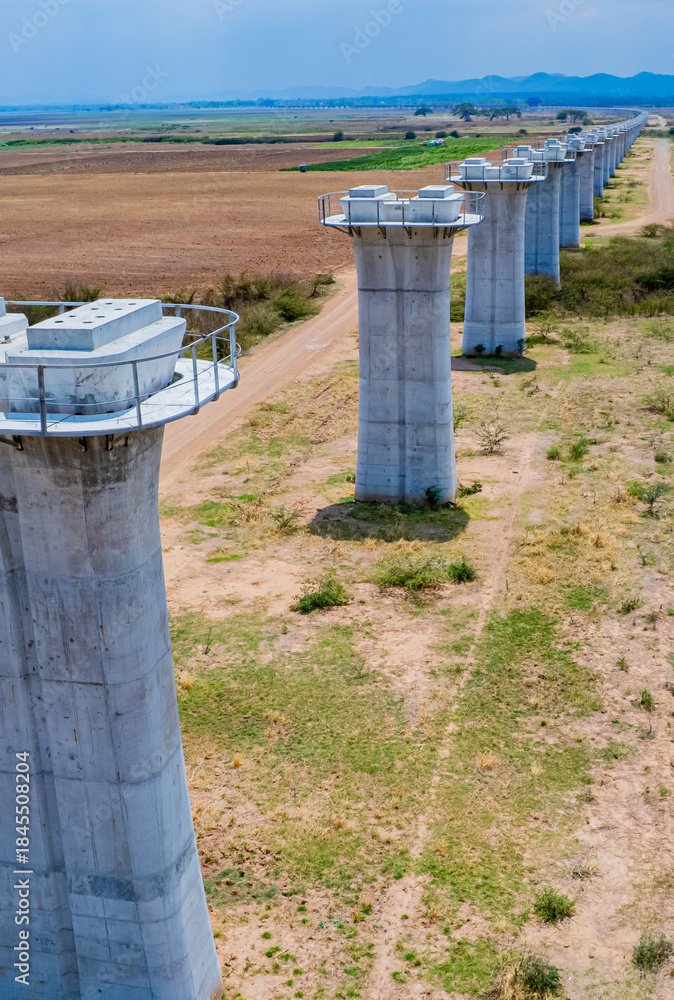 Naklejka premium The concrete pillars/piers for the high-speed rail track are under construction at the unfinished construction site.