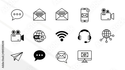 Set of communication and technology icons in clean linear style