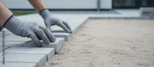 Worker laying stone bricks on sandy surface in residential area  