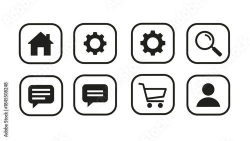 Set of eight flat rounded square icons for website interface design elements