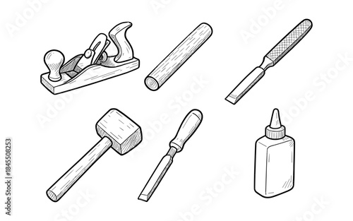 Collection of hand-drawn woodworking tools including a plane, chisels, mallet, and glue bottle