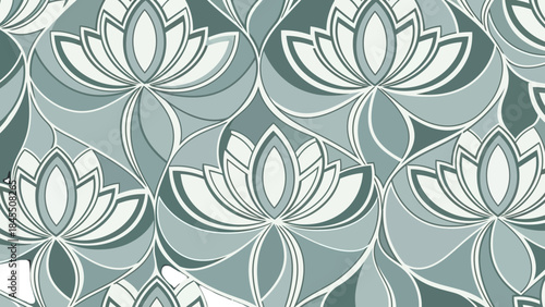 Elegant Stylized Lotus Flowers Seamless Pattern in Teal and White, Art Deco Style