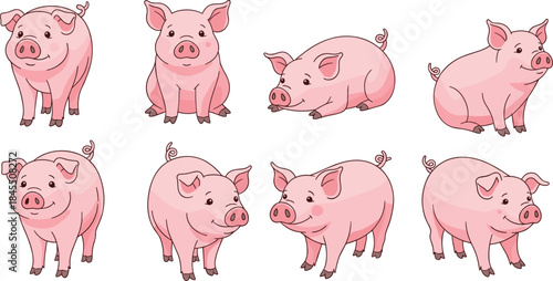 Cute cartoon pig characters set, pink farm animal illustrations in different poses isolated on white background for children design
