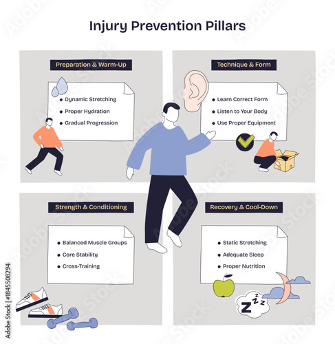 Injury prevention pillars mapped as four sections, showing checklists, a runner, and dumbbells to convey warm-up, form, strength, and recovery guidance. Doodle style diagram
