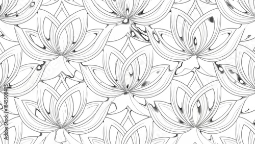 Serene Lotus Flowers and Leaves Line Art Seamless Pattern on Isolated White Background