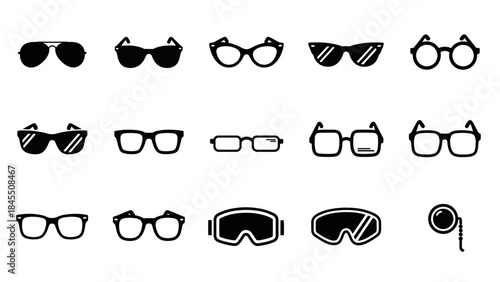 Set of sunglasses and eyeglasses icons in black and white style