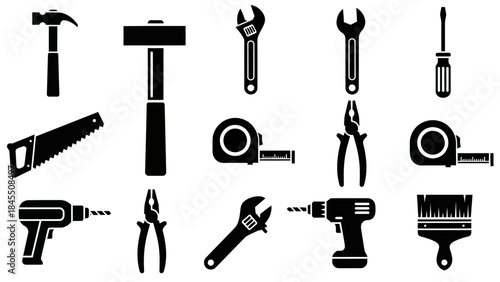 Set of various black tools silhouettes for construction and repair
