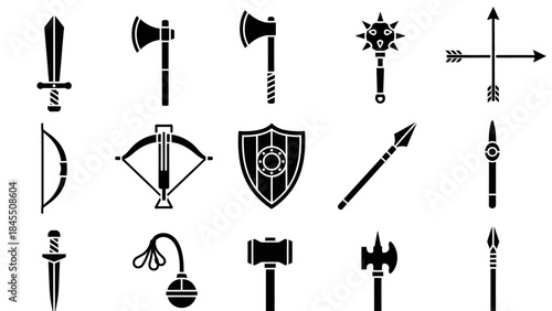 Set of various weapons silhouettes isolated against a white background