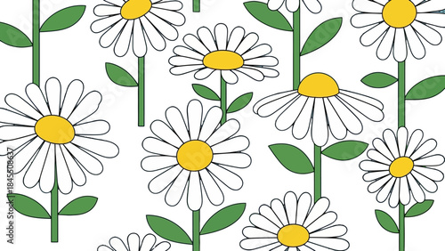 Cheerful Simple Daisy Flowers with Green Stems Seamless Pattern on Isolated White Background