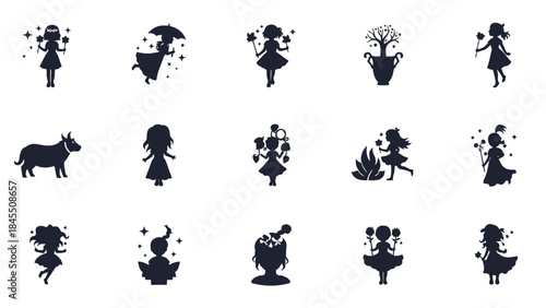 Silhouette collection diverse figures with symbolic elements in vector designs