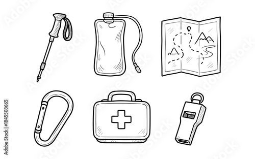Hand-drawn hiking and camping essentials collection with map, water bag, and first aid kit