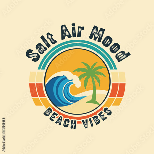 Salt Air Mood & Beach Vibes: A vibrant design captures the essence of a tranquil beach with stylized waves, palm tree, embodying a sense of relaxation and leisure.