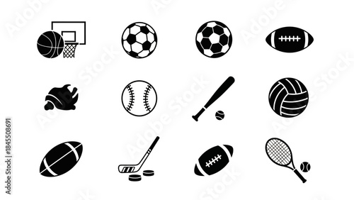 Sports equipment icons basketball soccer football baseball volleyball and more