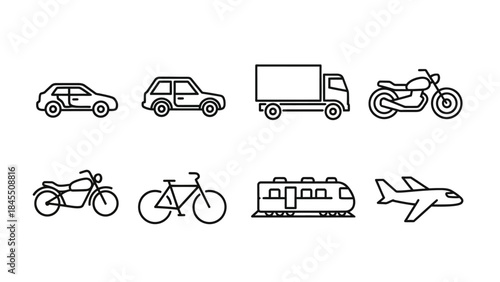 Transportation icons set car motorcycle truck bicycle train airplane