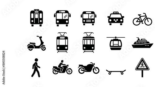 Transportation icons variety of vehicles and modes of transport in black and white