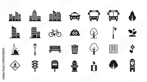 Urban icons set building transport nature and city element illustrations