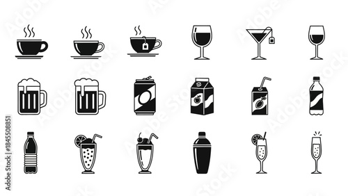 Variety of beverage icons in black and white suitable for design and marketing