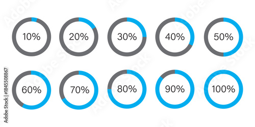 Circle loading, circle progress with percentage. Set of circle percentage diagrams for infographics, set of percentage infographic chart - 0 10 20 30 40 50 60 70 80 90 100. Vector infographic set.