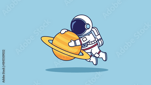Adorable cartoon astronaut in a white suit embracing the ringed planet Saturn.