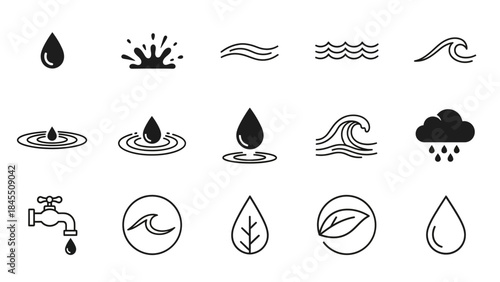 Water icons set droplet splash wave cloud and tap elements