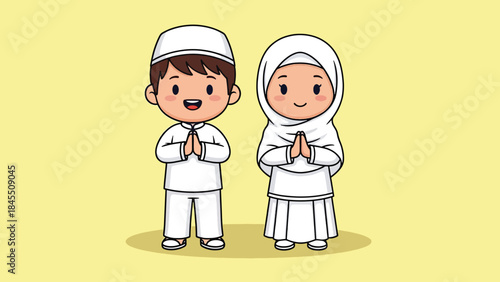 Adorable cartoon Muslim boy and girl in white traditional attire with greeting gesture.